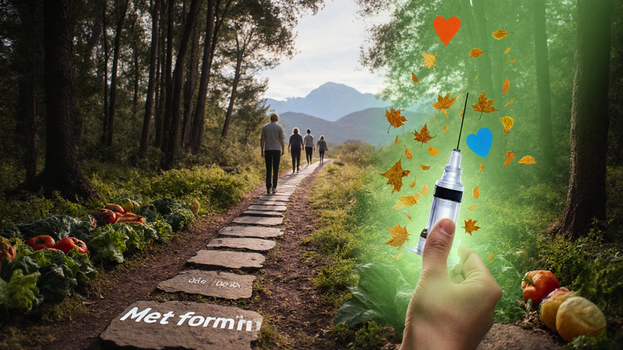 Two paths in a forest representing metformin and Ozempic diabetes treatment journeys
