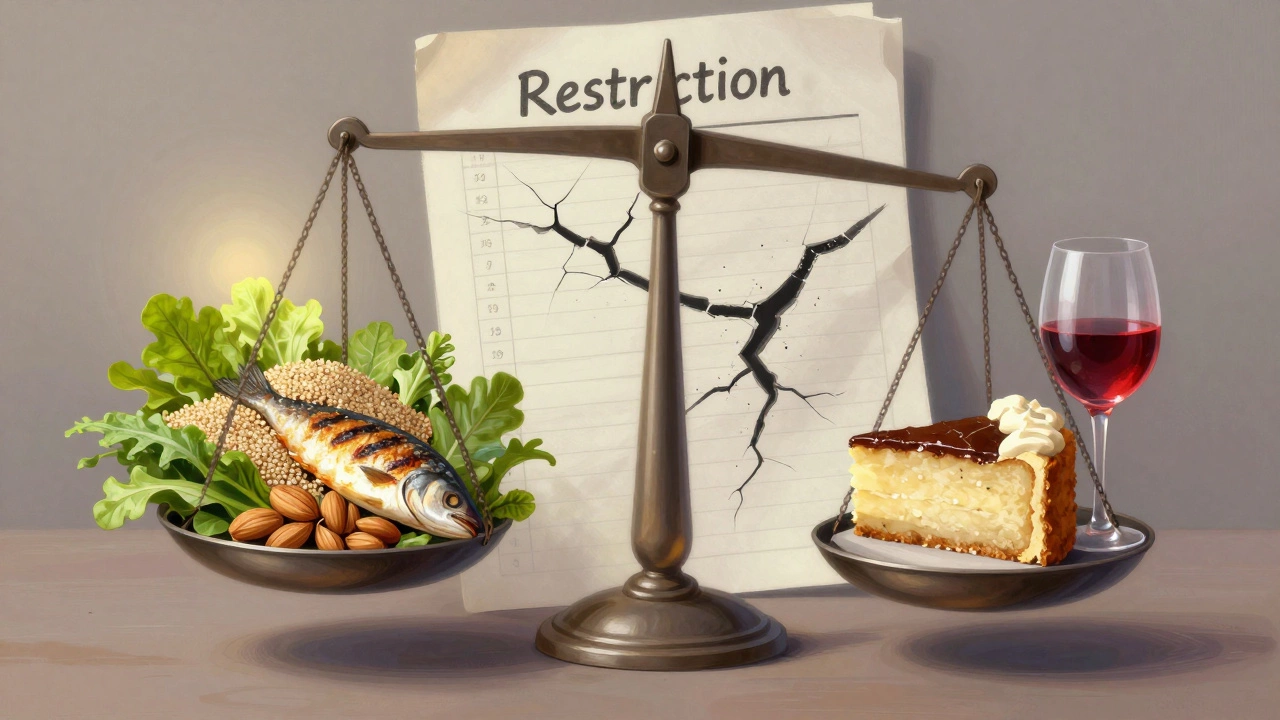 A balanced scale with healthy foods on one side and small indulgences on the other, symbolizing sustainable weight loss.