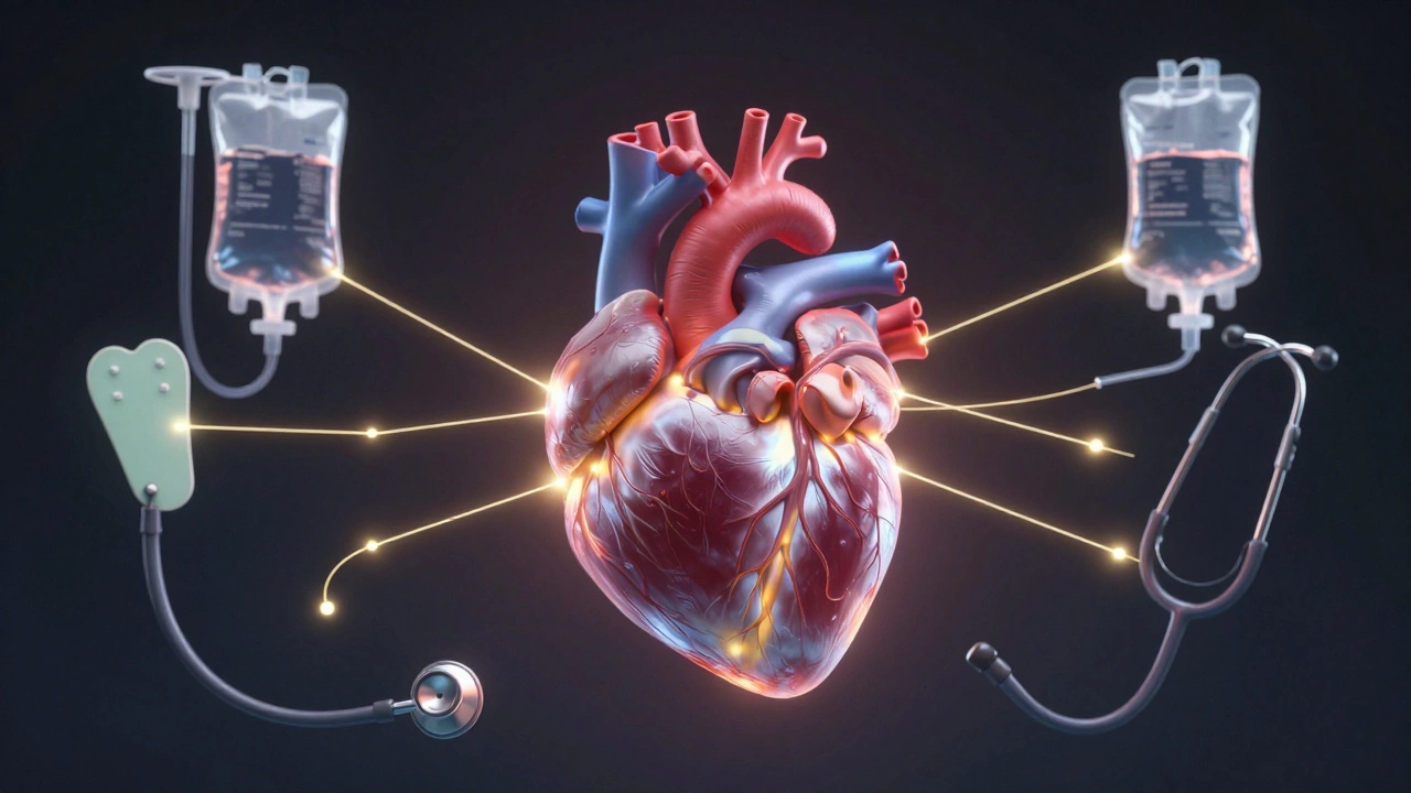 A heart suspended in darkness surrounded by floating medical tools connected by glowing threads, symbolizing coordinated rescue.