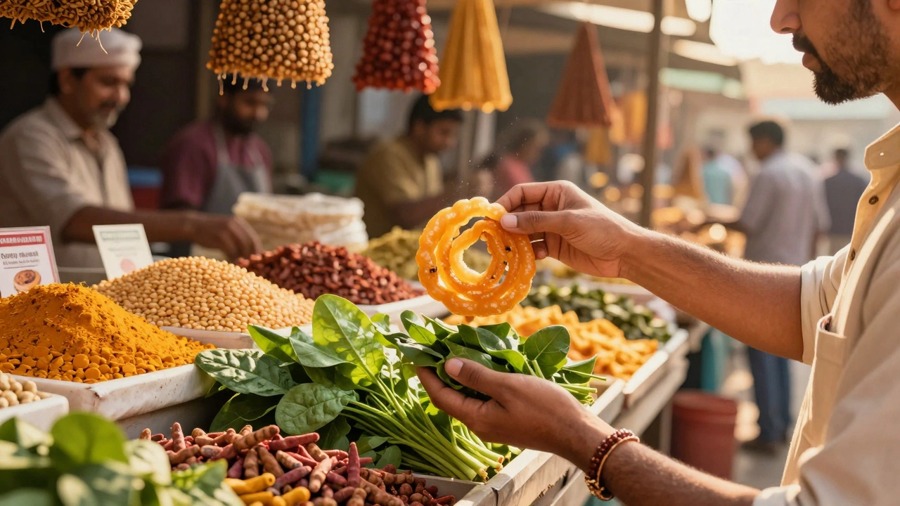 A person choosing fresh vegetables and one sweet treat at a vibrant Indian market during golden hour.