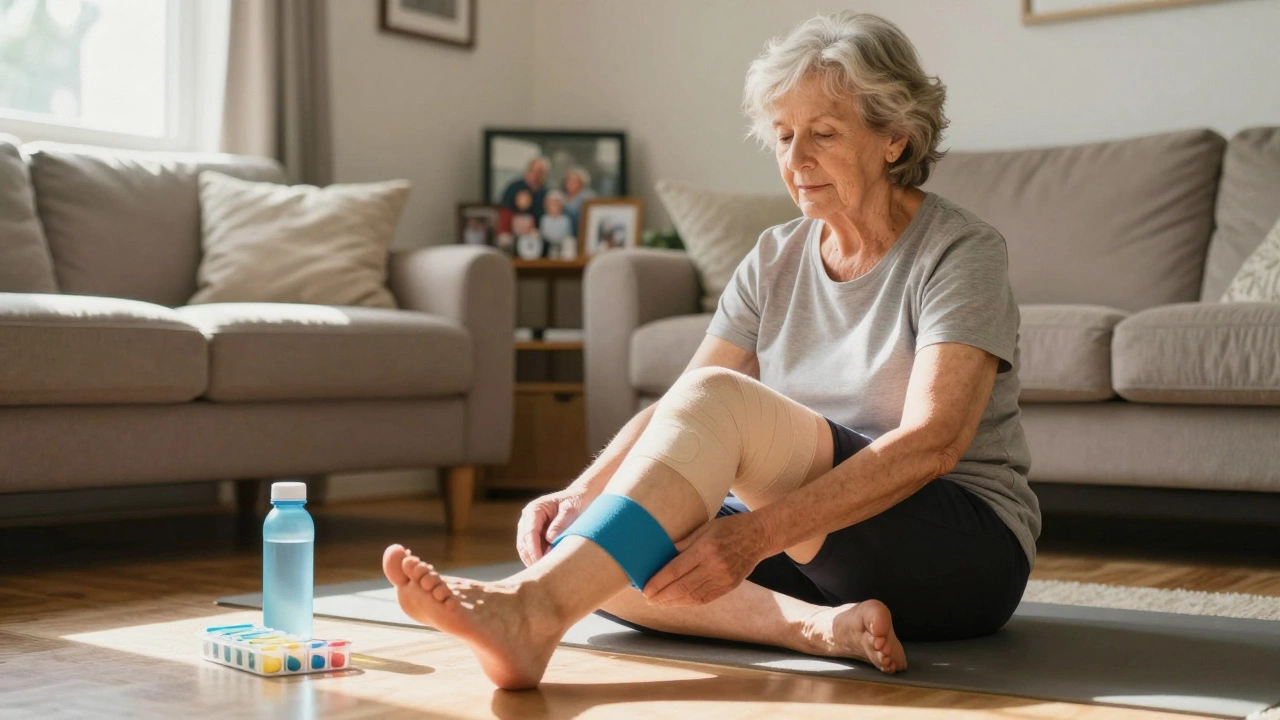 A senior woman performing knee exercises at home with a therapy band, sunlight on her face.