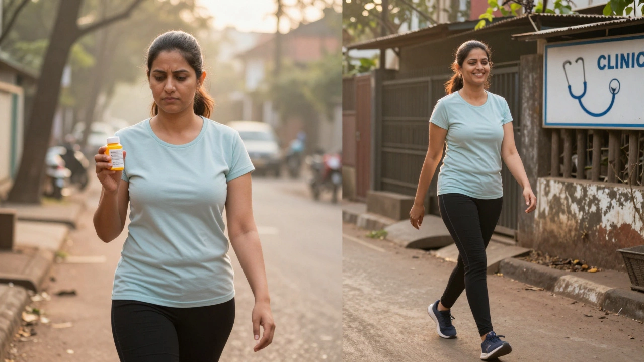 A woman walking at sunrise, showing her transformation from pill dependence to healthy habits.