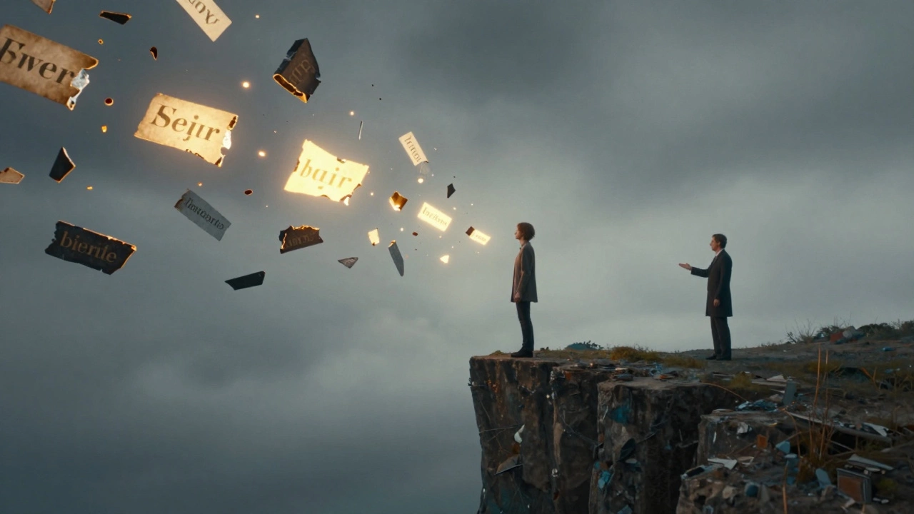 Abstract symbols of secrets floating around a person at a cliff&#039;s edge, with a therapist reaching out.