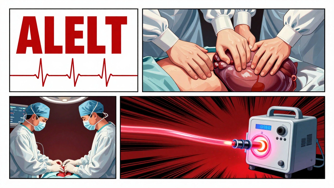 Comic-style sequence showing surgical team responding to cardiac arrest with medical equipment and glowing blood flow.