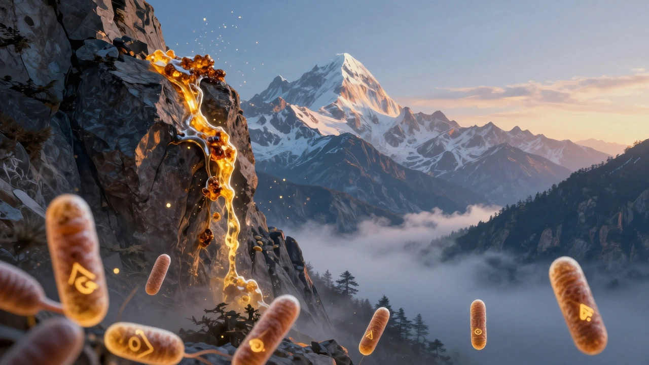 Himalayan mountains at dawn with shilajit resin and glowing mitochondria releasing energy.