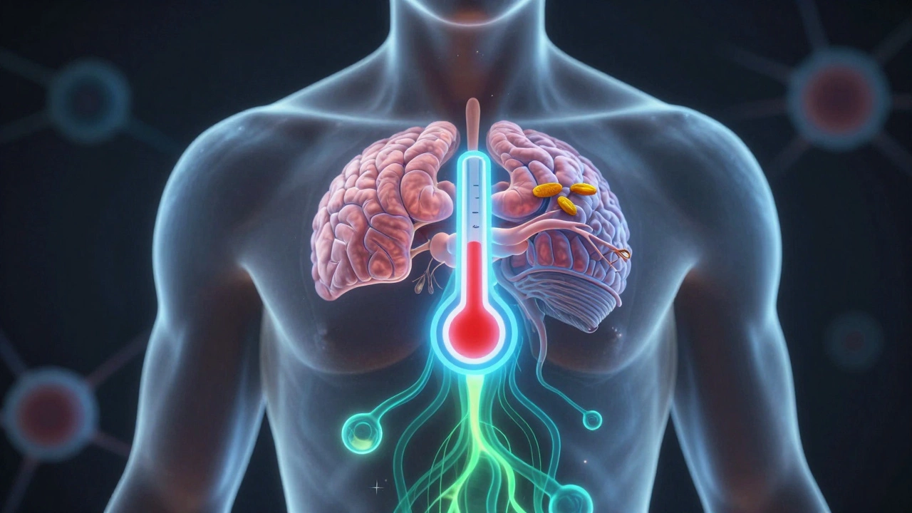 Human body with glowing adaptogens balancing stress response at the cellular level.