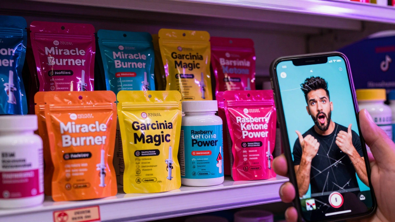 Shelves of unregulated weight loss supplements with hidden dangerous ingredients.