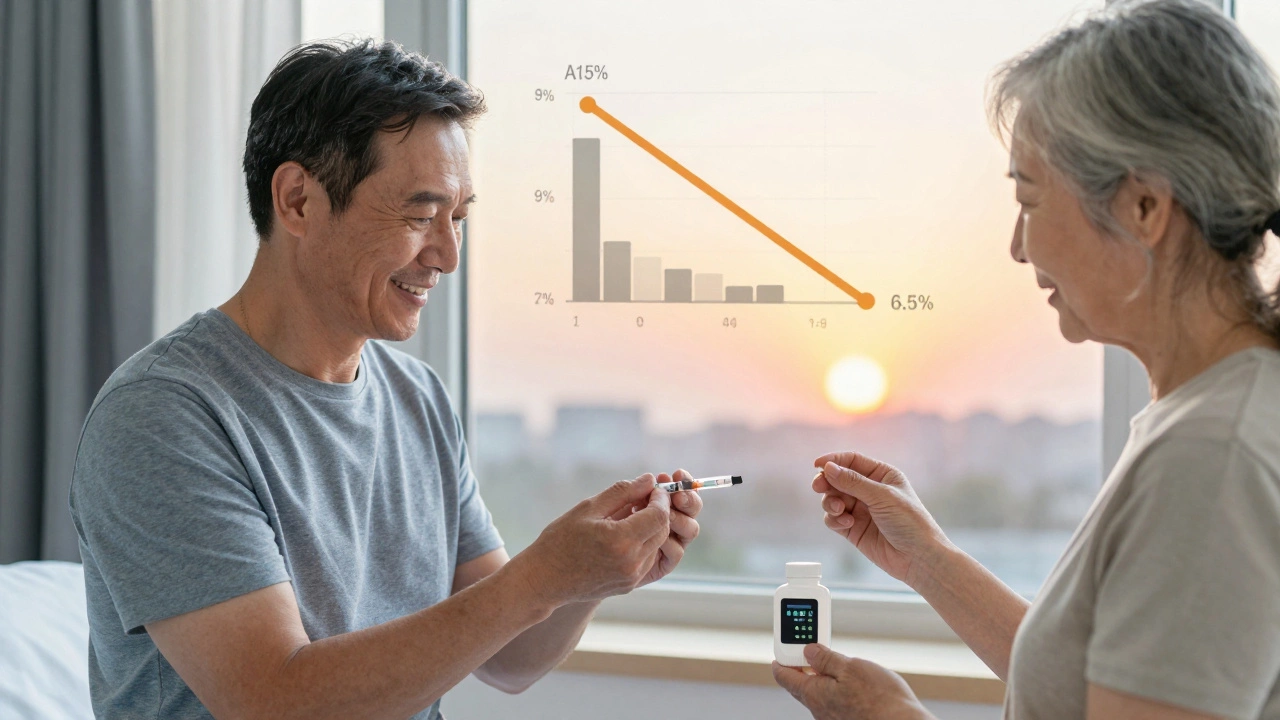 Two patients achieving better A1C levels with sunlight symbolizing hope and personalized diabetes management.