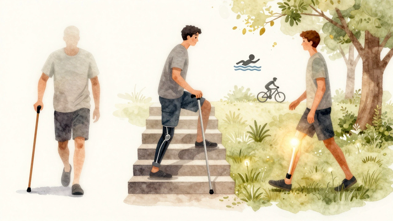 Watercolor timeline showing recovery stages from cane to walking freely in a park.