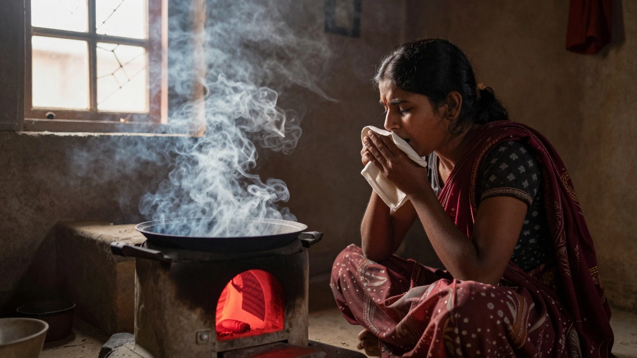 Woman coughing beside a traditional stove, smoke filling the air with unseen lung cancer risk.