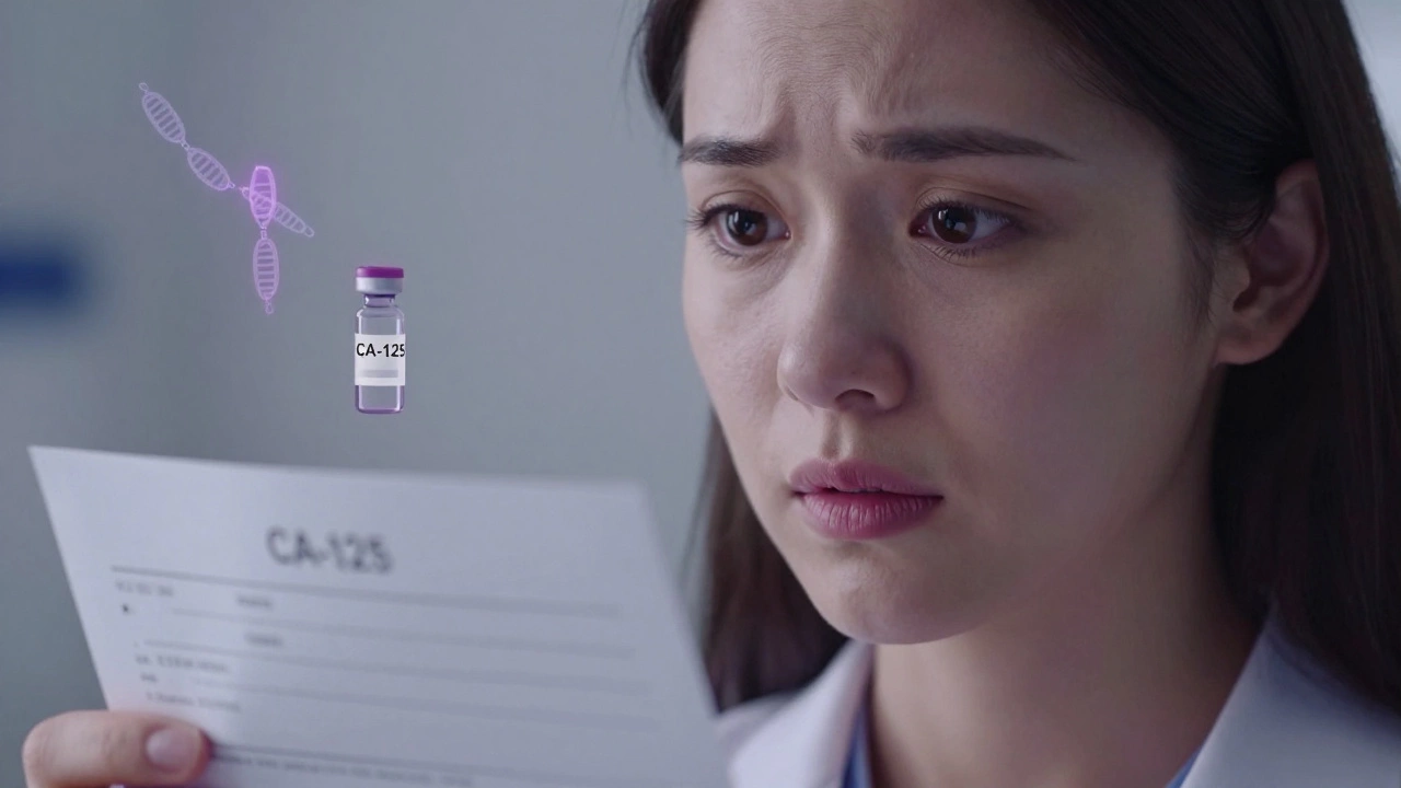 Woman holding a genetic test report, ghostly gene symbols above her, silent concern in her eyes.