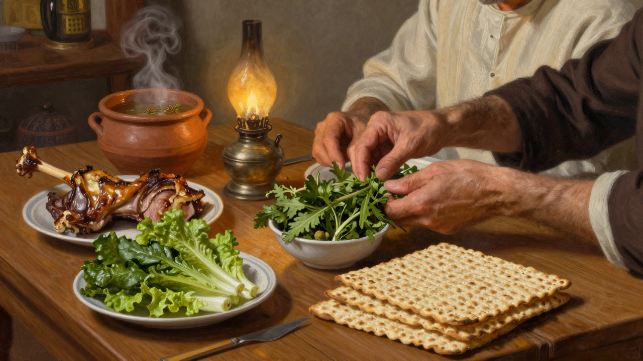 A Passover meal with bitter herbs, lamb, and bread lit by an oil lamp in a humble home.