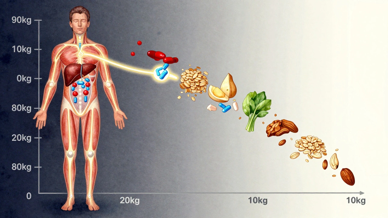 An artistic body illustration showing metformin reducing insulin resistance and fat storage with glowing metabolic pathways.