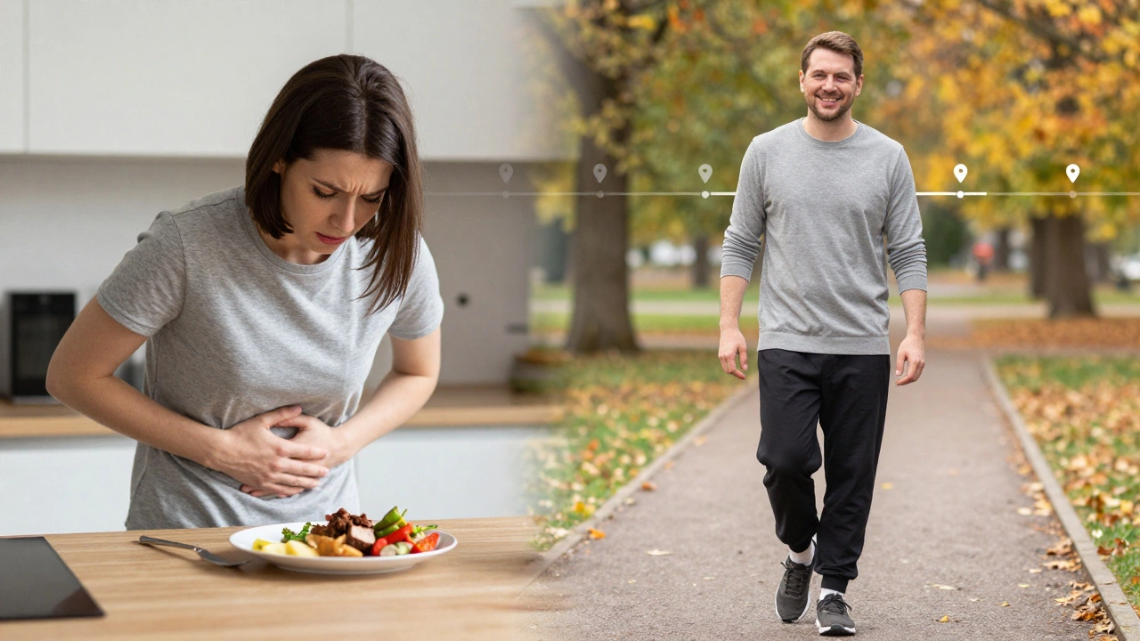 Before and after of person on Ozempic: first week nausea vs. months later walking in park with looser clothes.