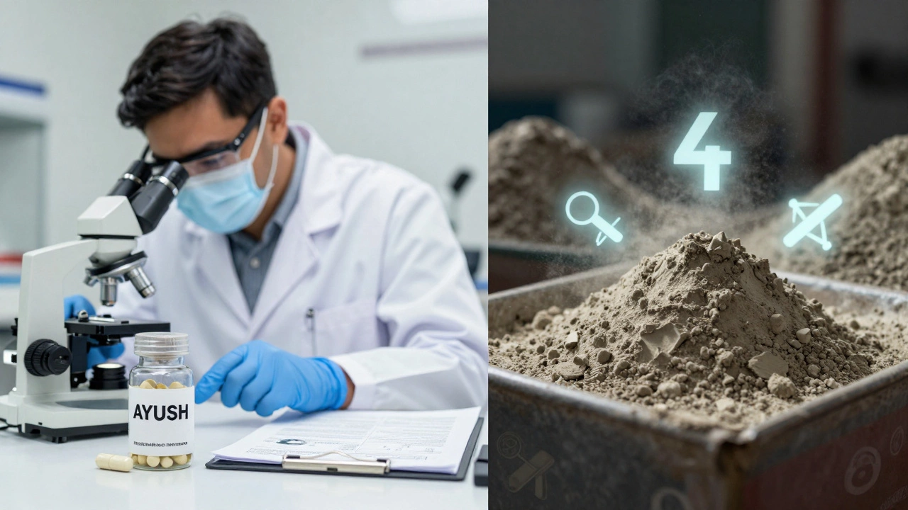 Contrasting image of safe, certified Ayurvedic medicine versus dangerous unregulated herbal powder with toxic symbols.