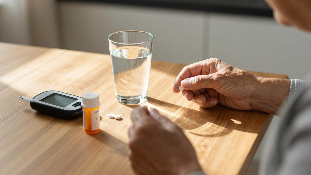 Elderly person taking metformin at home with morning light and glucose monitor nearby.