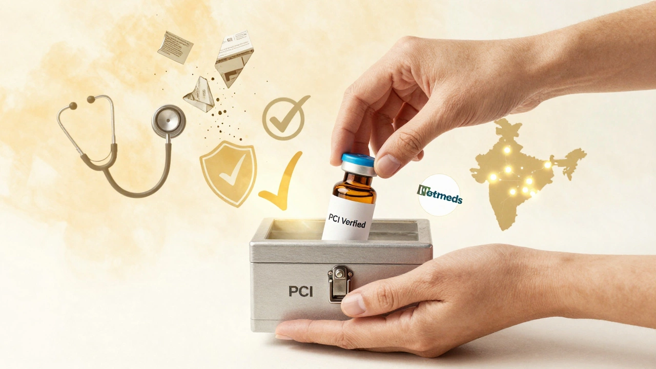 Hand placing medicine in locked box with PCI badge, safe pharmacy icons glowing nearby.