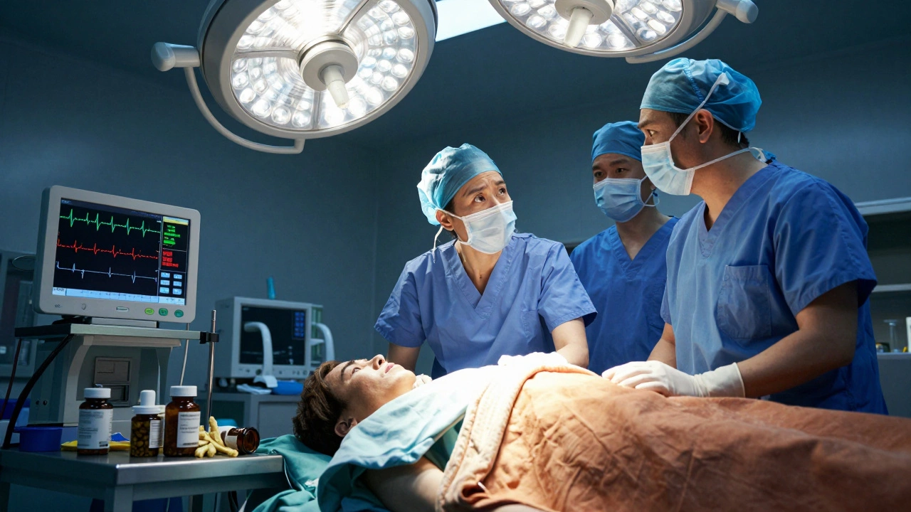 Hospital operating room with erratic monitor readings and herbal supplements on the counter.