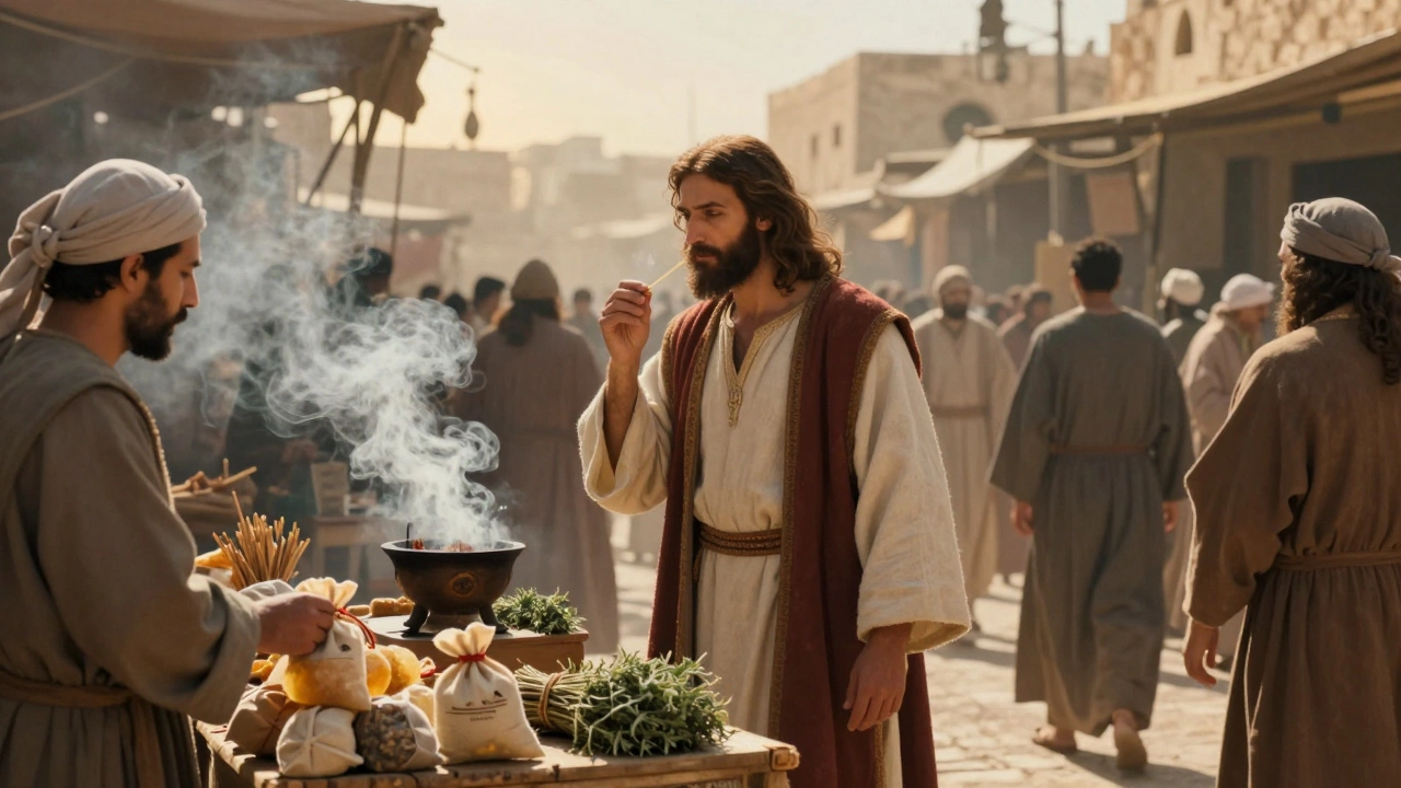 Jesus in a Jerusalem marketplace surrounded by frankincense and hyssop vendors with incense smoke rising.