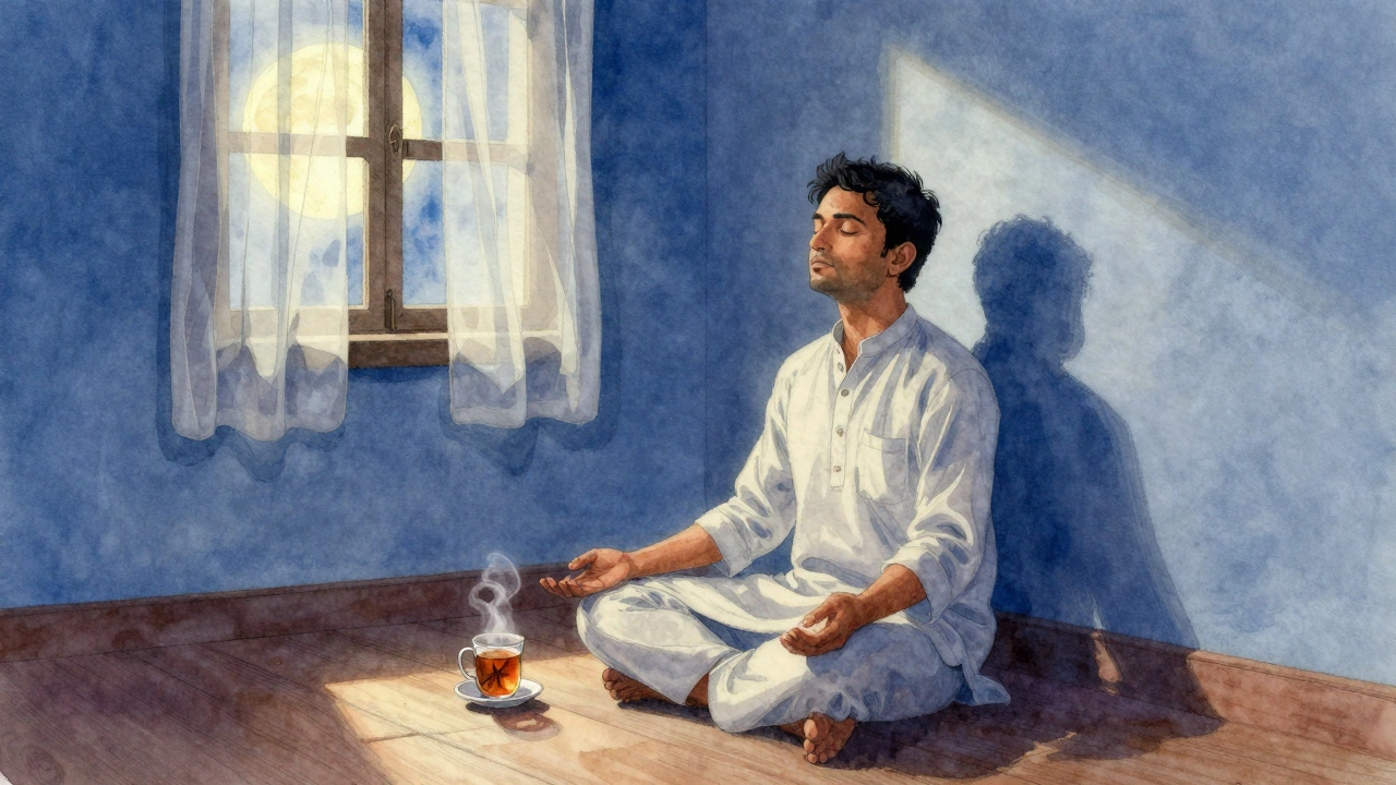 Man practicing deep breathing at night with moonlight and herbal tea nearby.