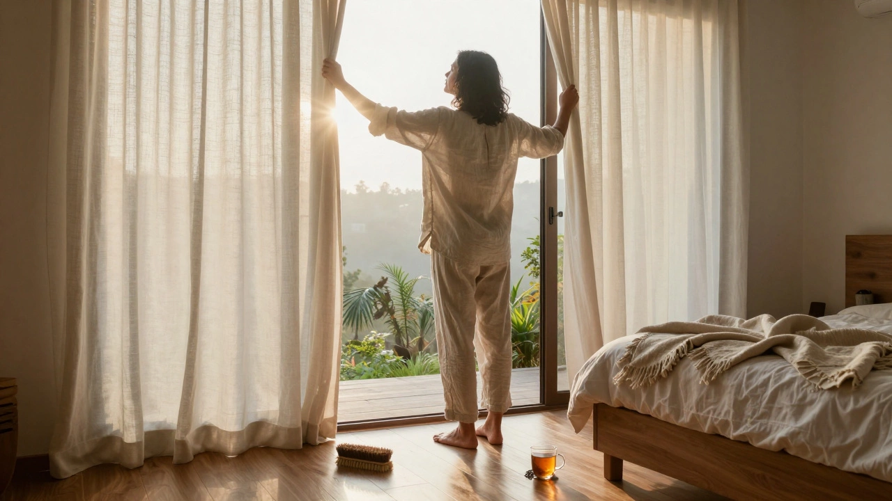 Person waking at dawn, pulling back curtains to let in morning light.