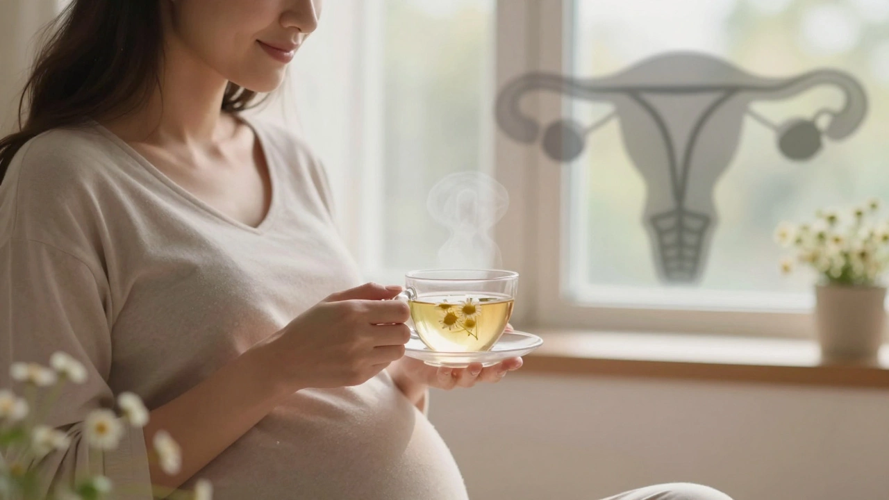 Pregnant woman drinking chamomile tea with shadowy contractions in the background.