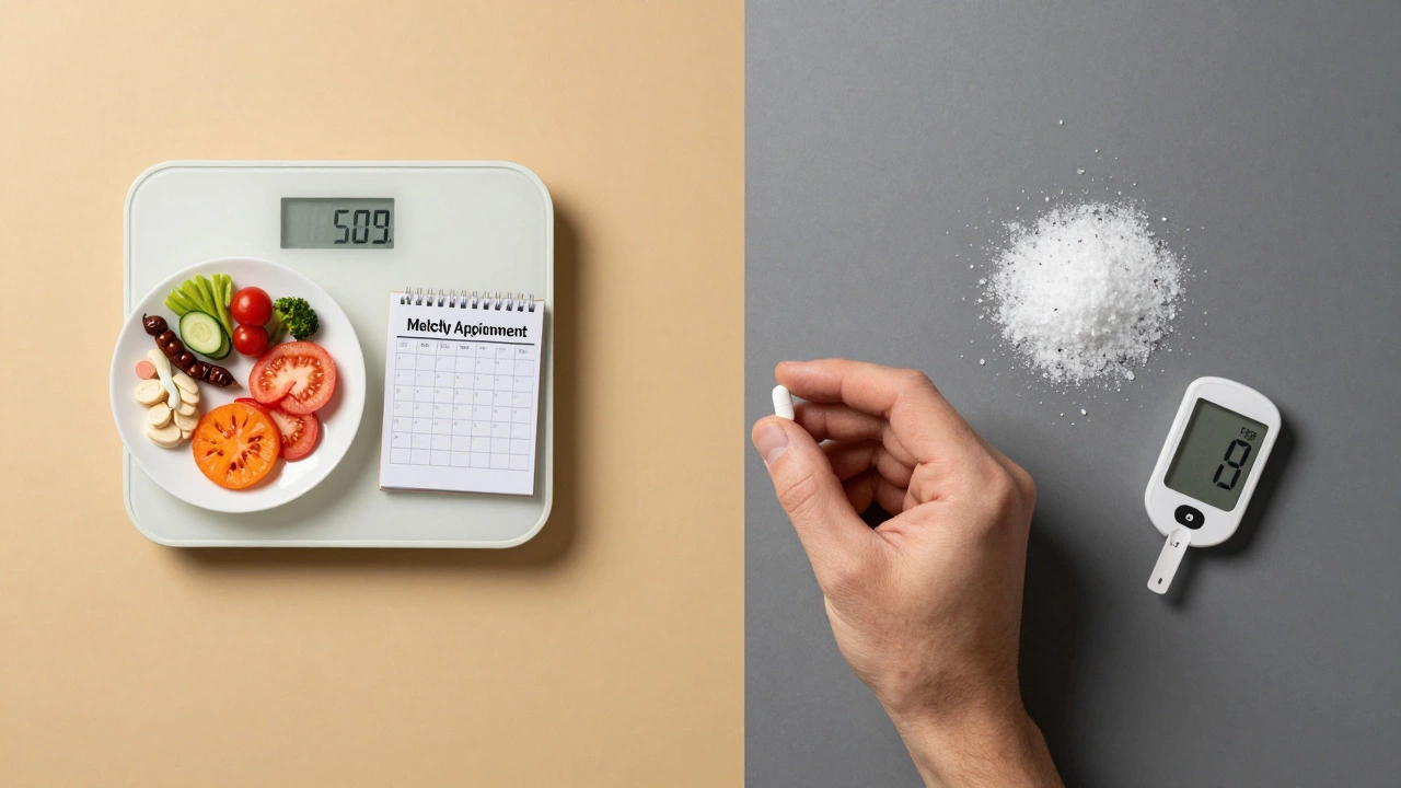 Two diverging paths showing weight loss with metformin versus weight regain after stopping it, visualized through lighting and symbols.