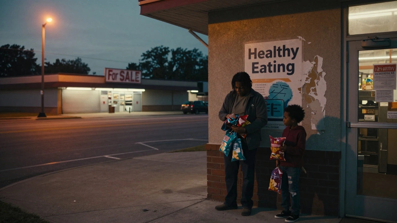 A family outside a convenience store in a food desert, with a closed grocery store in the distance.