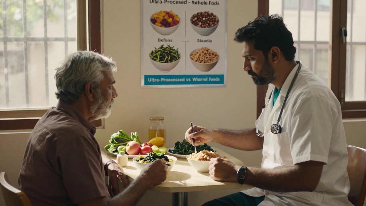 A patient learning to cook whole foods with a nutrition coach in an Indian clinic.