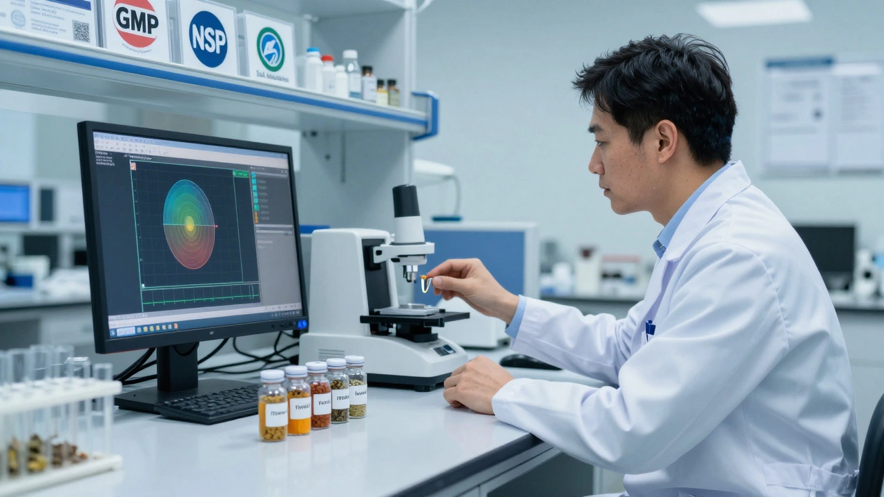 A scientist analyzes herbal extract data in a lab with GMP and NSF certification logos visible on the wall.