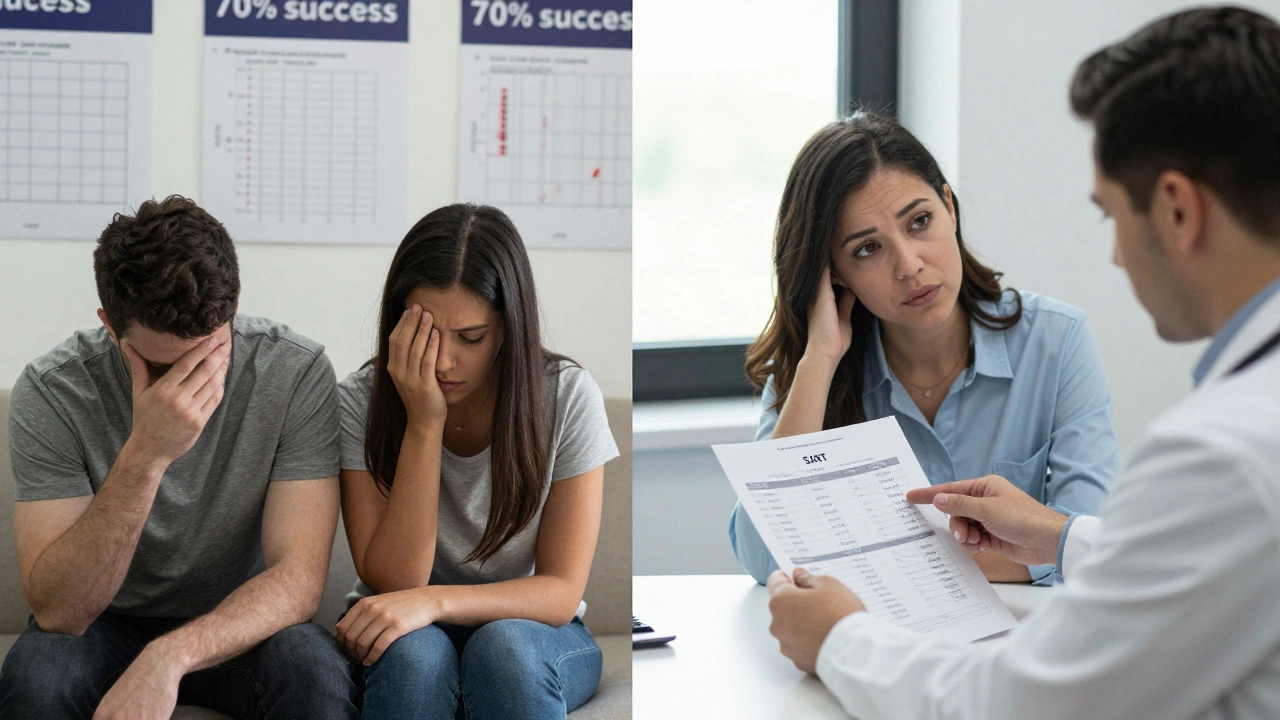 A split scene contrasting misleading clinic claims with clear data review between a couple and their doctor.