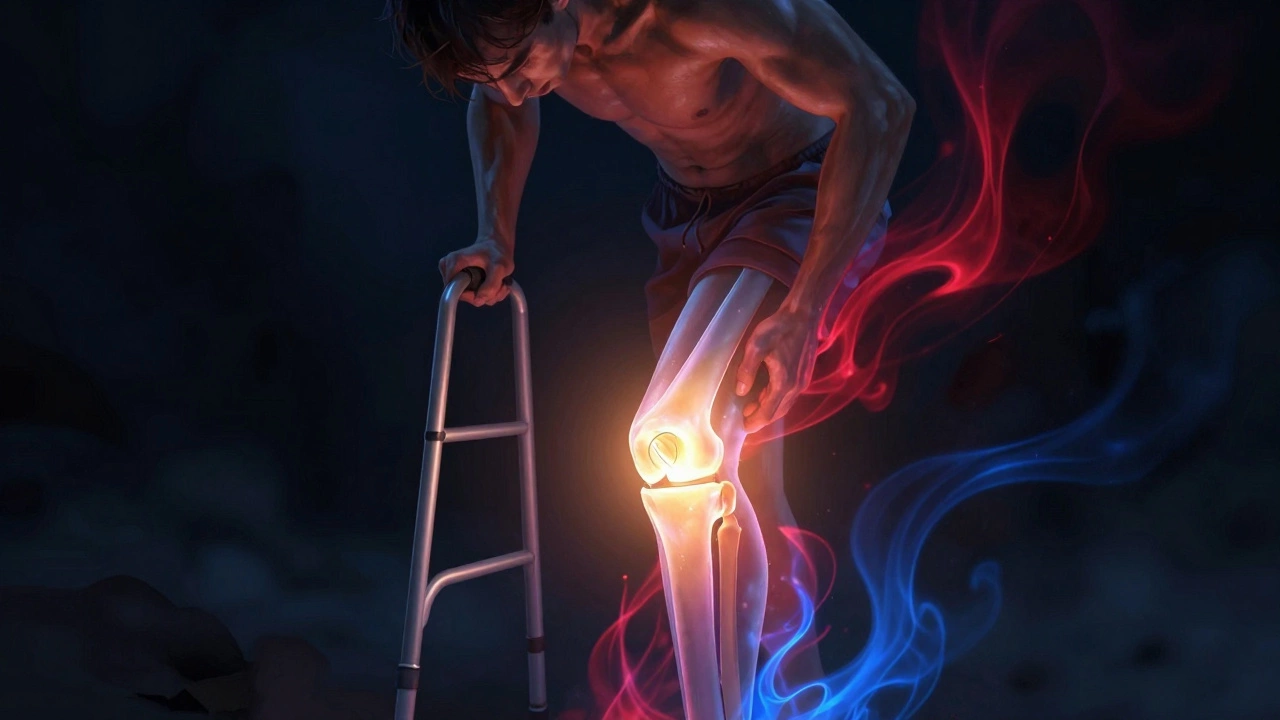 Artistic depiction of inflamed knee joint glowing with healing energy as a person struggles to move.