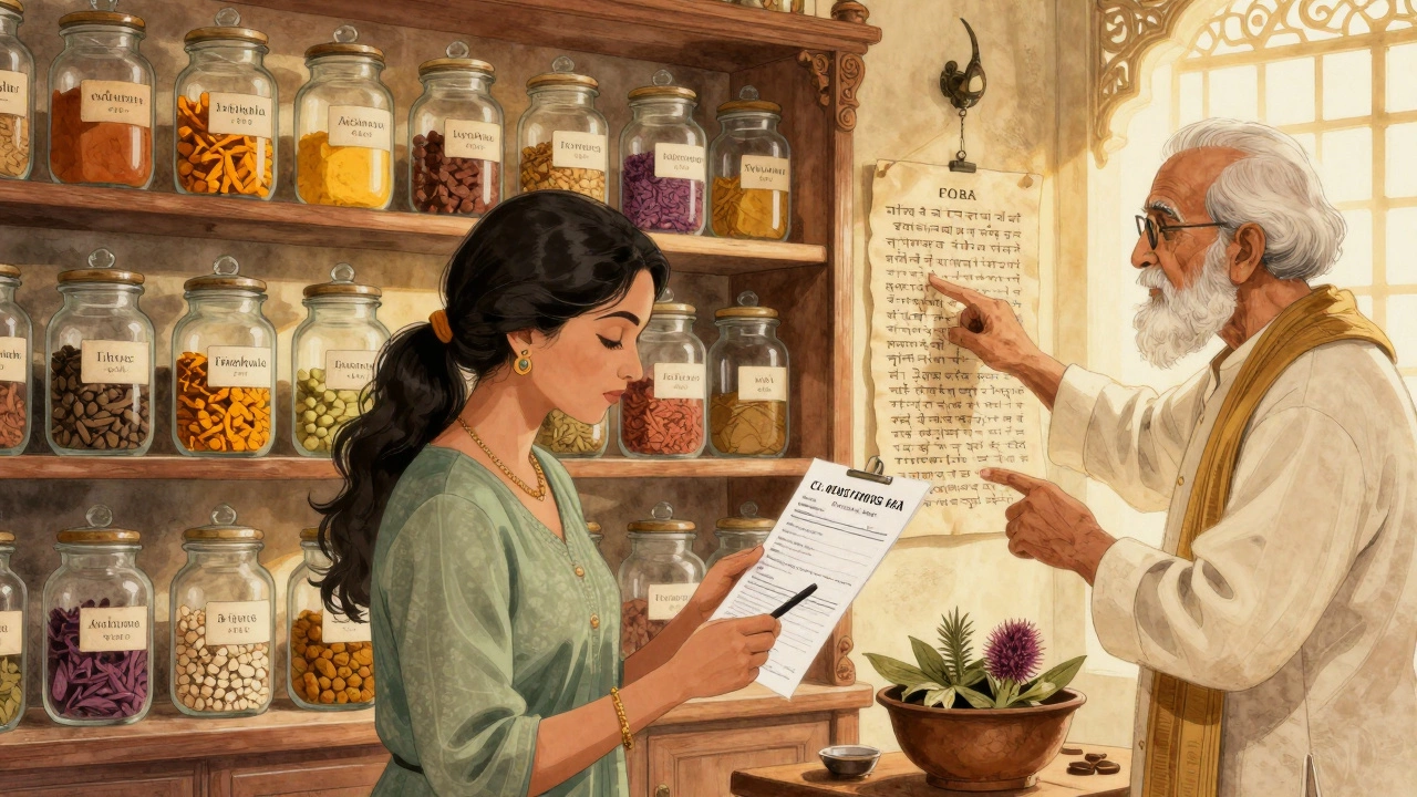 Ayurvedic apothecary with herbal jars and COA certificate under warm golden light