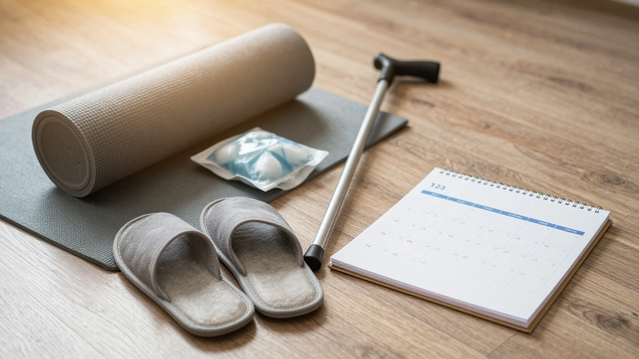 Daily recovery tools—slippers, cane, mat, and ice pack—arranged neatly with marked calendar days.