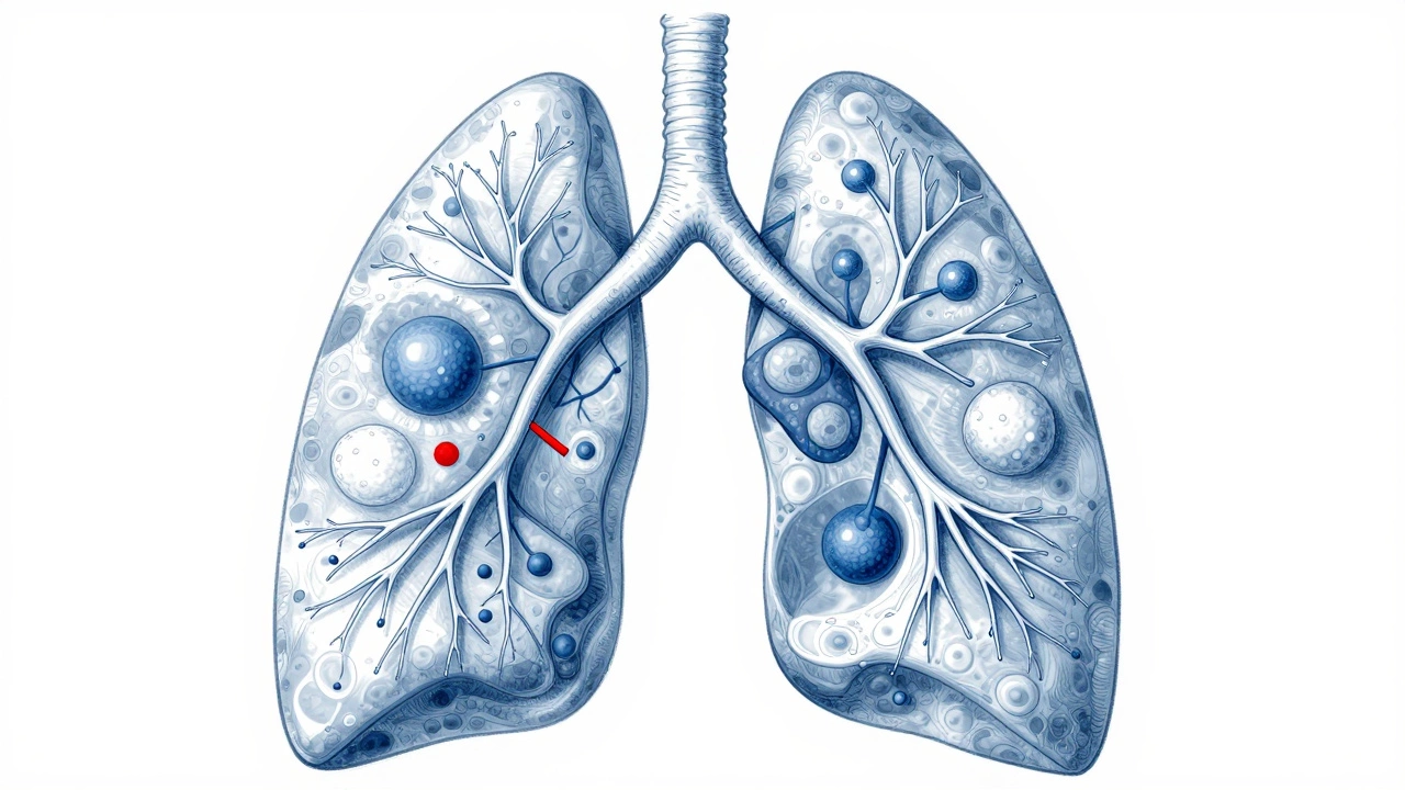 Detailed medical illustration of lung tumor spreading to lymph nodes and liver.