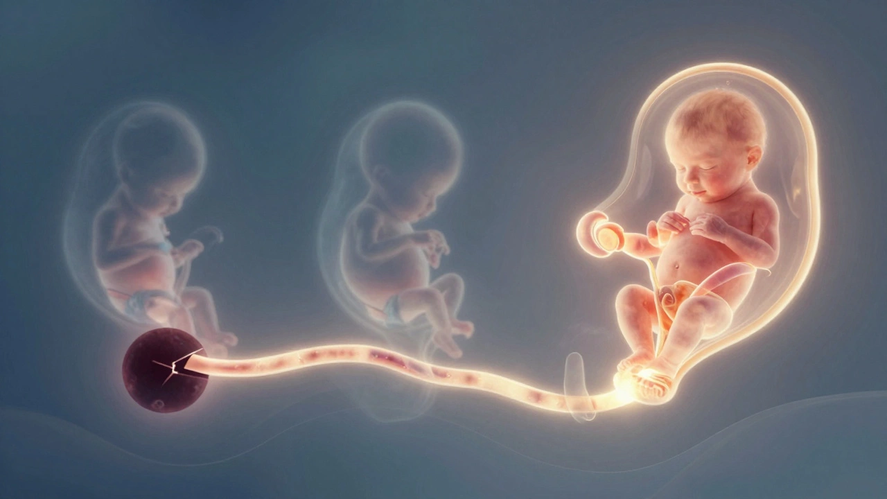 Three embryo pathways symbolizing IVF cycles: two failing, one succeeding, with glowing elements and uterine imagery.