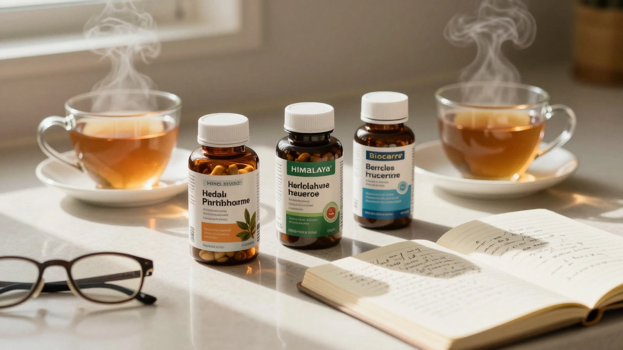 Three trusted herbal supplement bottles sit on a kitchen counter next to tea and a journal in morning light.