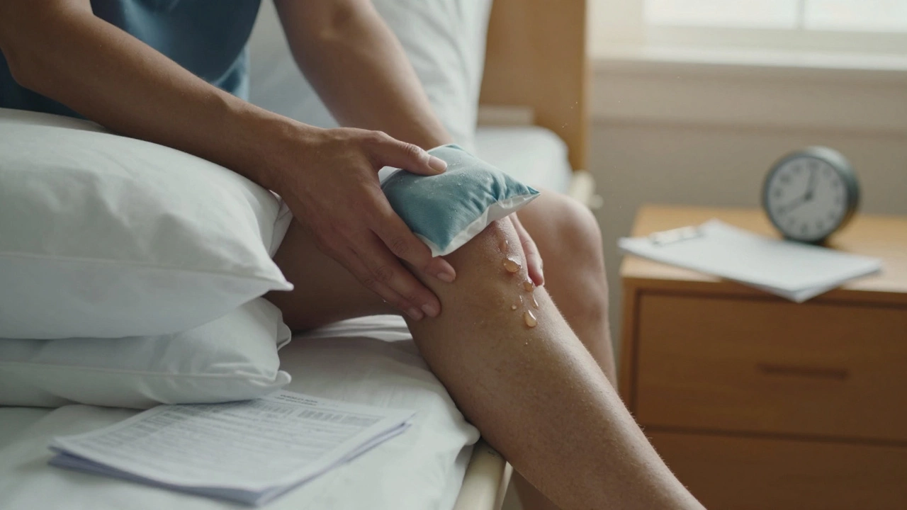 Trembling hands trying to lift leg after knee replacement, ice pack slipping, tears on sheets.