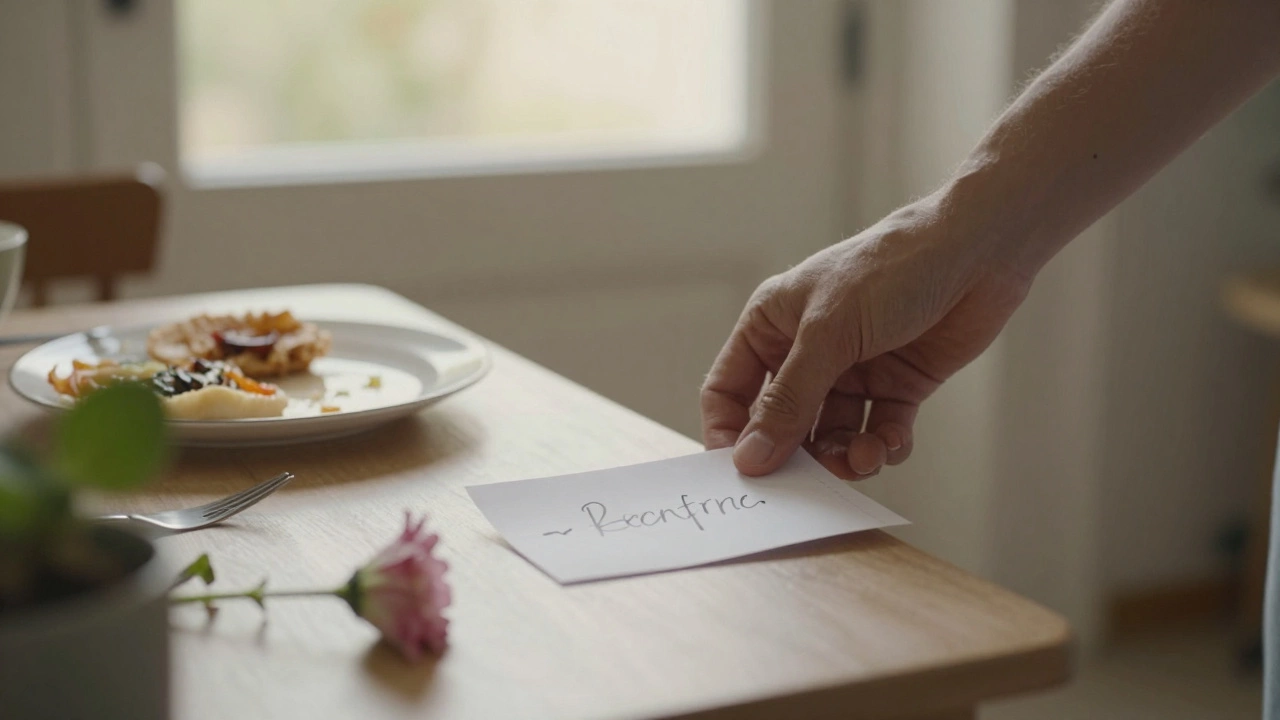 A handwritten note placed on a doorstep at dawn beside an untouched meal, with a single flower nearby in soft morning light.