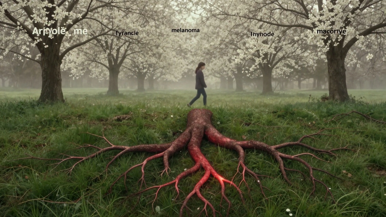 A peaceful forest with a hidden glowing root beneath the ground, representing dormant cancer cells and long-term survival.