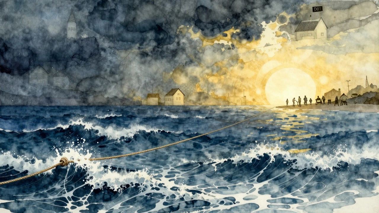A stormy ocean with a rope leading to a distant shore where people rebuild their lives.
