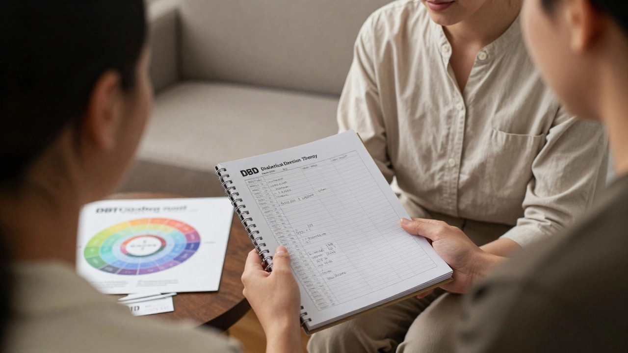 A therapist and patient in a calm room, with DBT tools like emotion charts and journals on the table.