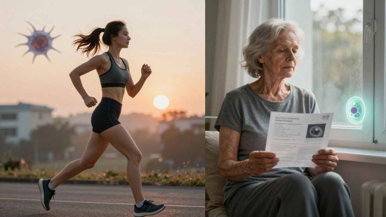 A woman jogging at sunrise, with a faint shadow of a cancer cell behind her, symbolizing remission and vigilance.