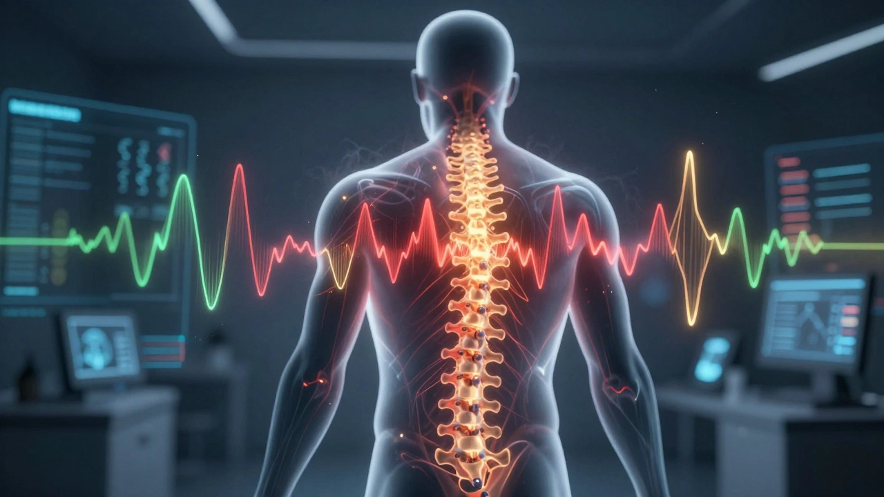Abstract representation of spinal cord stimulation calming nerve pain.