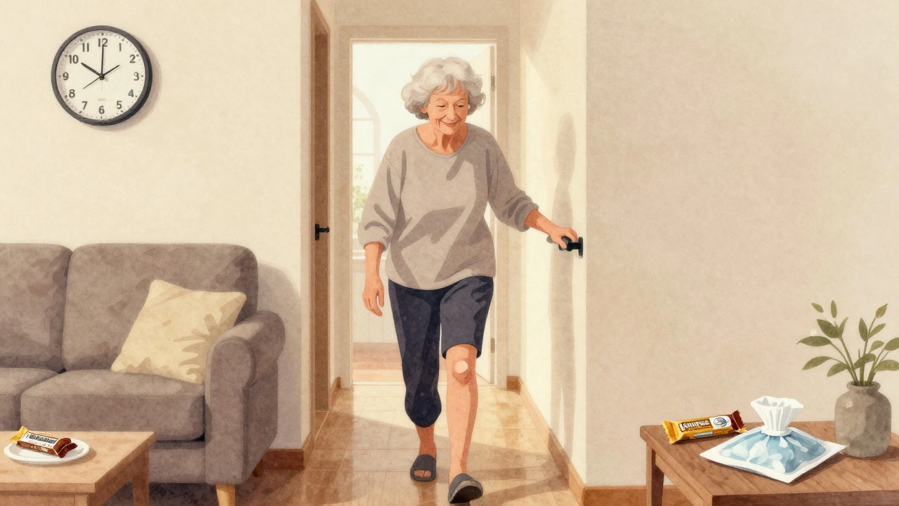An elderly woman walking confidently down a hallway with a handrail, eight weeks after knee surgery.