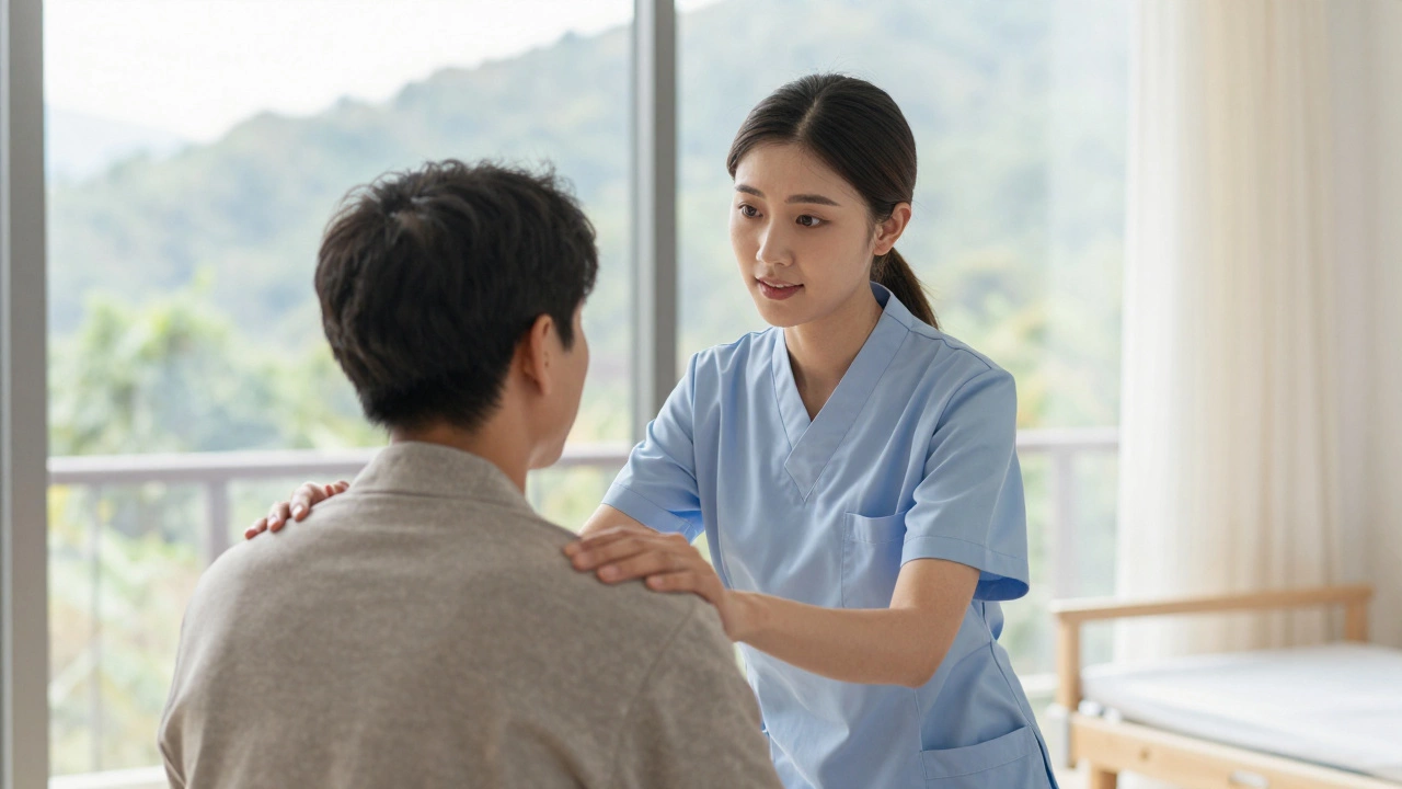 Nurse comforting patient in sunlit recovery room.
