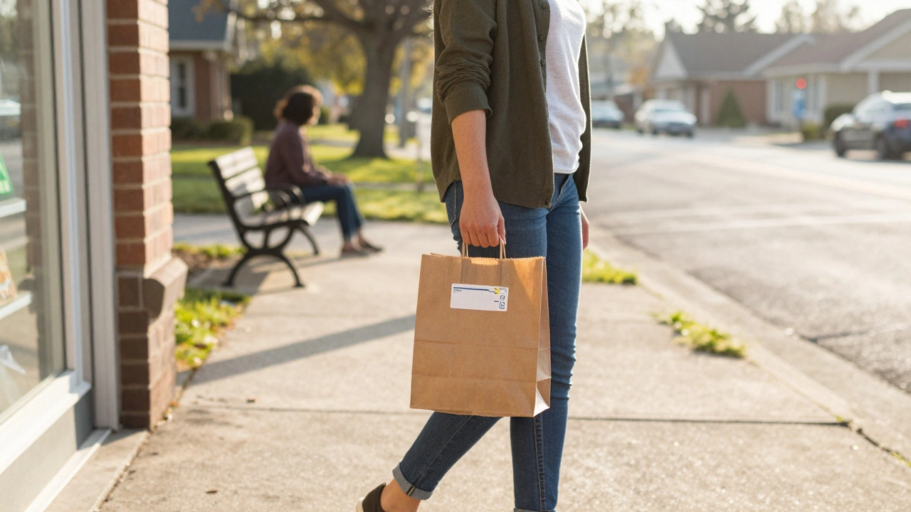 Someone walks out of Walmart pharmacy at sunrise holding a simple prescription bag, symbolizing affordable access to weight loss medication.