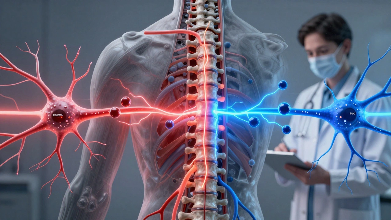 Spinal nerve pathways stabilized by anticonvulsant medication reducing pain signals.