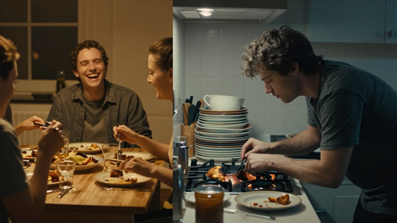 Split image: one side shows a person laughing with friends, the other shows them alone in a messy kitchen with burnt food.