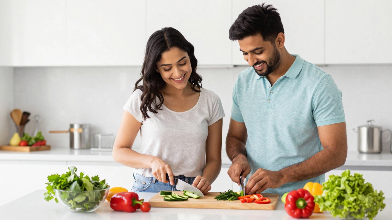 A couple happily preparing a heart-healthy meal with fresh vegetables in a kitchen.